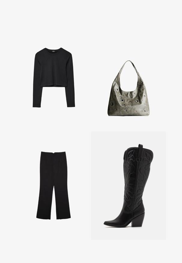 Černý dlouhý rukáv cropped top s kulatým výstřihem, jednoduchý design a mírně zaoblený lem.; Černé kalhoty s rovným střihem, s předními kapsami a bočními rozparky na lemu. Vyrobené z jemné, hladké tkaniny. Vhodné na různé příležitosti.; Černé kožené kovbojské boty s vysokým svrškem, zakřivenými švy, špičatou špičkou a robustním podpatkem.; Olivově zelená kožená kabelka s uvolněným designem, která má kulaté výřezy různých velikostí a akcenty v tmavších a světlejších odstínech.