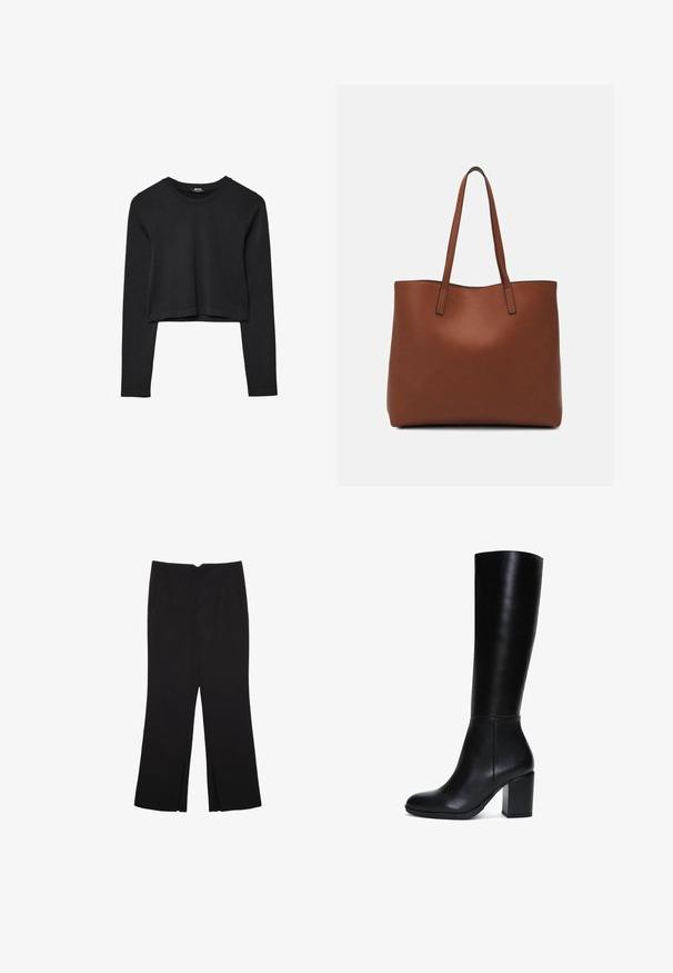 Black long-sleeve cropped top with round neckline, plain design, and a slightly curved hem.; Black trousers with a straight fit, featuring front pockets and side slits at the hem. Made of soft, smooth fabric. Suitable for various occasions.; Knee-high black leather boot with a smooth texture, rounded toe, and a square block heel. Features minimal hardware and a sleek design.; Brown leather tote bag with a smooth texture, open top design, and two shoulder straps. Features minimal stitching and no visible hardware.
