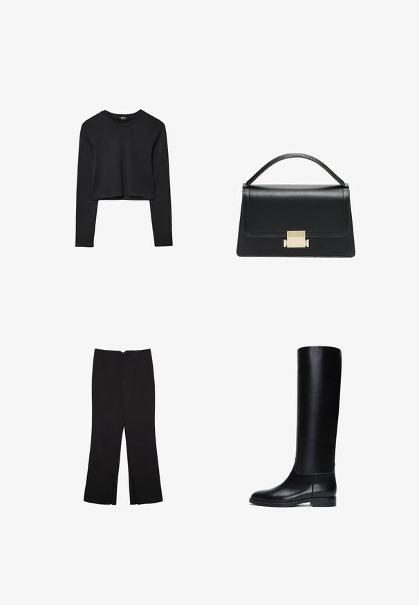 Black long-sleeve cropped top with round neckline, plain design, and a slightly curved hem.; Black trousers with a straight fit, featuring front pockets and side slits at the hem. Made of soft, smooth fabric. Suitable for various occasions.; Black leather knee-high boots with a smooth finish, rounded toe, and a low block heel. Features clean lines and minimalistic design.; Black leather handbag with a structured design, top handle, and a gold metal clasp detail on the front. Smooth texture, minimal stitching.