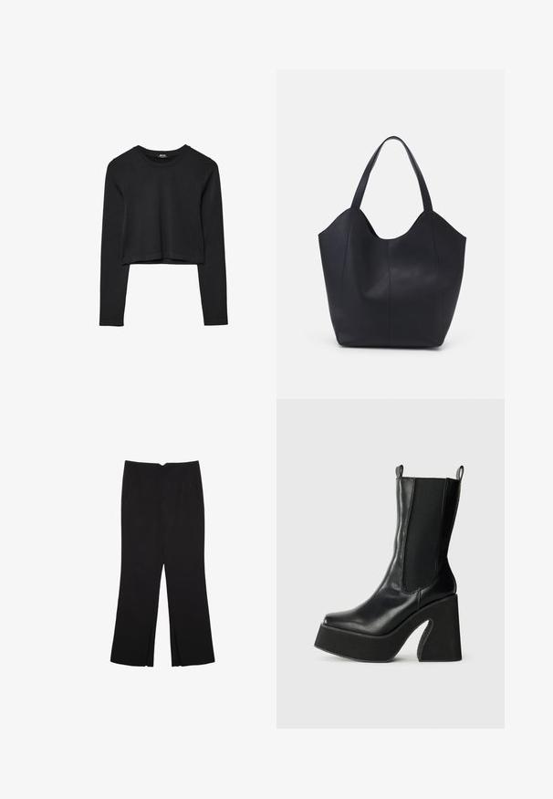 Černý dlouhý rukáv cropped top s kulatým výstřihem, jednoduchý design a mírně zaoblený lem.; Černé kalhoty s rovným střihem, s předními kapsami a bočními rozparky na lemu. Vyrobené z jemné, hladké tkaniny. Vhodné na různé příležitosti.; Černá kožená kotníková bota s elastickými bočními panely, špičatou špičkou a robustním platformovým podpatkem s křivkovým výřezem.; Černá taška přes rameno vyrobená z hladké kůže, s zakřiveným, otevřeným vrchem a dvěma ramenními popruhy, s minimalistickým designem.