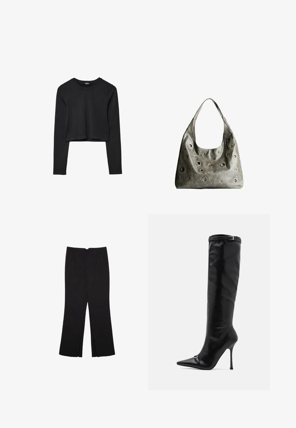 Černý dlouhý rukáv cropped top s kulatým výstřihem, jednoduchý design a mírně zaoblený lem.; Černé kalhoty s rovným střihem, s předními kapsami a bočními rozparky na lemu. Vyrobené z jemné, hladké tkaniny. Vhodné na různé příležitosti.; Simmi London PALACE - Vysoká obuv - black; Olivově zelená kožená kabelka s uvolněným designem, která má kulaté výřezy různých velikostí a akcenty v tmavších a světlejších odstínech.