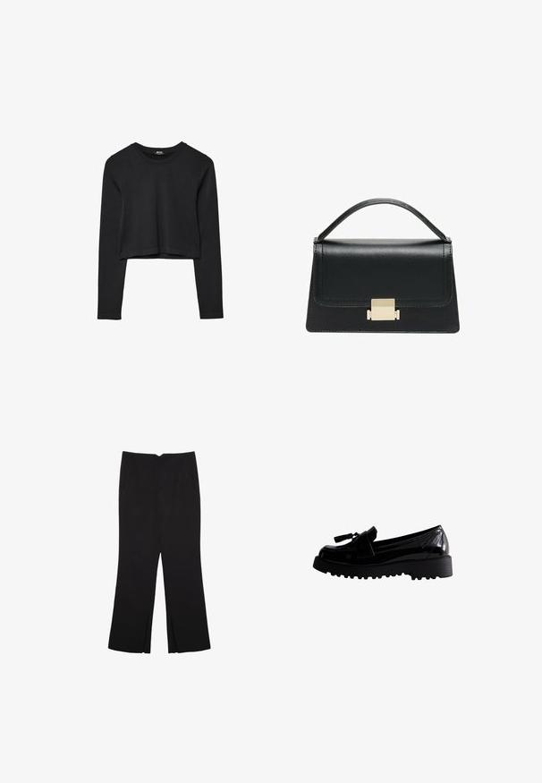 Schwarzes, langärmliges, kurz geschnittenes Oberteil mit Rundhalsausschnitt, schlichter Gestaltung und leicht abgerundetem Saum.; Schwarze Hose mit geradem Schnitt, ausgestattet mit Fronttaschen und Seitenschlitzen am Saum. Hergestellt aus weichem, glattem Stoff. Geeignet für verschiedene Anlässe.; Schwarze Lacklederschuhe mit einer klobigen Profilsohle, ausgestattet mit einem dekorativen Quasten und einem eleganten Design, das eine glatte, glänzende Oberfläche zeigt.; Schwarze Lederhandtasche mit strukturiertem Design, oberem Griff und einem goldenen Metallschnappverschluss auf der Vorderseite. Glatte Textur, minimale Nähte.