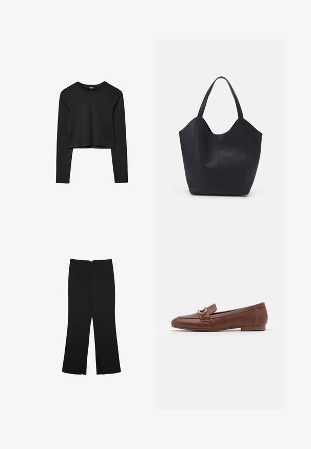 Top cropped nero a maniche lunghe con scollatura tonda, design semplice e orlo leggermente curvo.; Pantaloni neri a gamba dritta, con tasche frontali e spacchi laterali all'orlo. Realizzati in tessuto morbido e liscio. Adatti a diverse occasioni.; Mocassini in pelle marrone con suola piatta, design cucito e dettaglio in metallo dorato sulla fascia sul davanti.; Borsa tote nera realizzata in pelle liscia, con una parte superiore curva e aperta, dotata di due manici per spalla e un design minimalista.