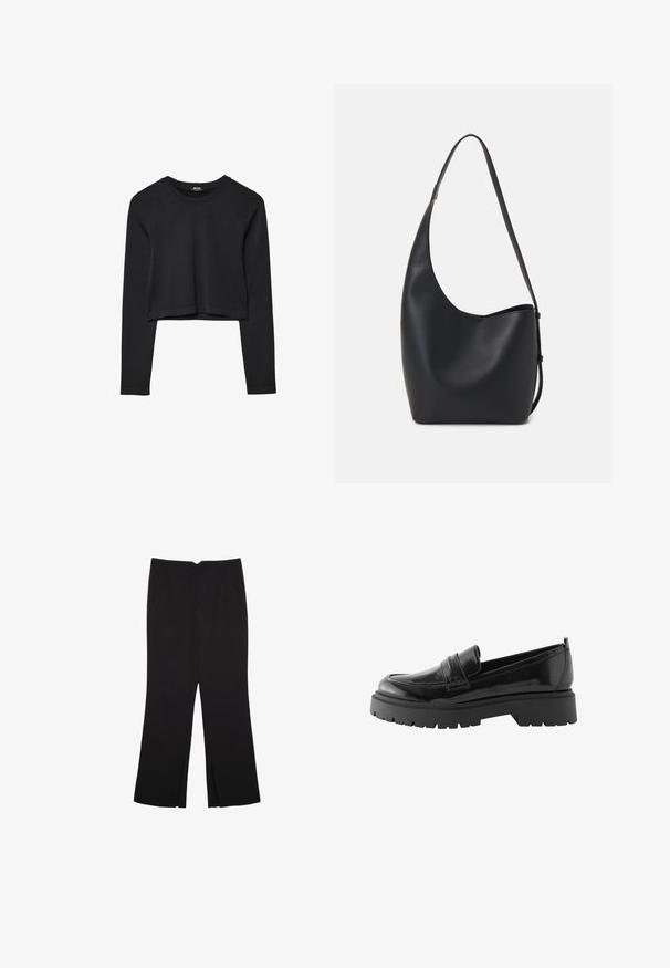 Crni dugi rukav uski crop top s okruglim izrezom, jednostavnog dizajna i blago zakrivljenim rubom.; Crne hlače ravnog kroja, s prednjim džepovima i bočnim prorezima na rubu. Izrađene od mekog i glatkog materijala. Pogodne za razne prigode.; Crne lakirane kožne loafersice imaju nisku platformu s grubim profilom i šivani detalj preko srednjeg dijela stopala.; Crna kožna hobo torba s glatkom teksturom, zakrivljenim oblikom i jednom podesivom trakicom; ima širok otvor na vrhu.