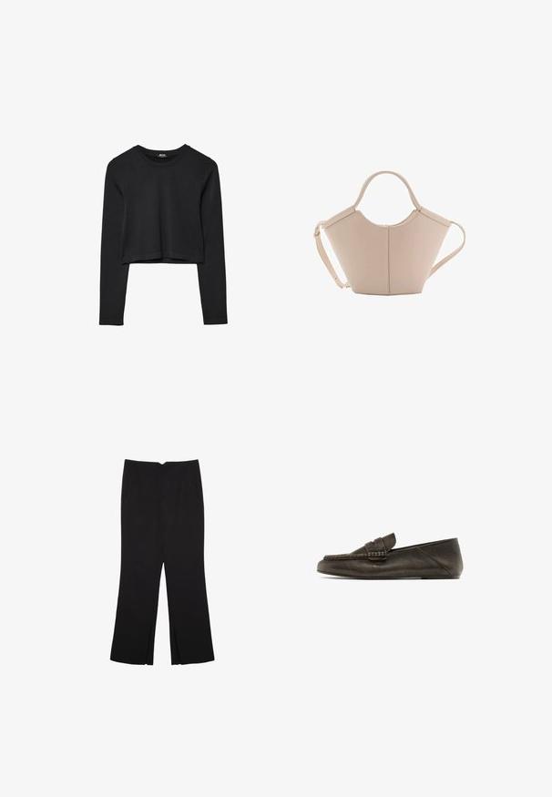 Schwarzes, langärmliges, kurz geschnittenes Oberteil mit Rundhalsausschnitt, schlichter Gestaltung und leicht abgerundetem Saum.; Schwarze Hose mit geradem Schnitt, ausgestattet mit Fronttaschen und Seitenschlitzen am Saum. Hergestellt aus weichem, glattem Stoff. Geeignet für verschiedene Anlässe.; Dunkelbraune Lederloafers mit flacher Sohle, die vorne ein geflochtenes Design und eine glatte Textur aufweisen. Dezente Nahtdetails entlang der Kanten.; Beige Lederhandtasche mit einer einzigartigen Form, die zwei kurze Henkel und einen langen verstellbaren Riemen aufweist. Glatte Textur mit minimalen Hardware-Elementen.