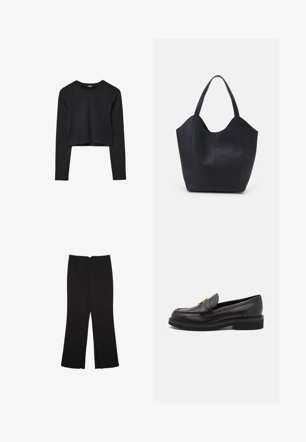 Černý dlouhý rukáv cropped top s kulatým výstřihem, jednoduchý design a mírně zaoblený lem.; Černé kalhoty s rovným střihem, s předními kapsami a bočními rozparky na lemu. Vyrobené z jemné, hladké tkaniny. Vhodné na různé příležitosti.; Černé kožené mokasíny se zaoblenou špičkou, prošívanými detaily, kovovými prvky ve zlatém tónu a nízkou texturovanou gumovou podrážkou. Hladký, elegantní povrch.; Černá taška přes rameno vyrobená z hladké kůže, s zakřiveným, otevřeným vrchem a dvěma ramenními popruhy, s minimalistickým designem.