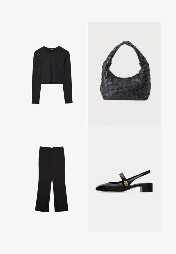 Czarny krótki top z długim rękawem, okrągłym dekoltem, gładkim wzorem i lekko zaokrąglonym dołem.; Czarne spodnie o prostym kroju, z przednimi kieszeniami i bocznymi rozcięciami na dole. Wykonane z miękkiego, gładkiego materiału. Odpowiednie na różne okazje.; Czarne skórzane buty slingback z okrągłym noskiem, ozdobione błyszczącą czubkiem i złotym akcentem na pasku, zabezpieczone małym obcasem w kształcie bloku.; Czarna skórzana torebka na ramię pleciona, z okrągłym uchwytem i kształtem półksiężyca na jednolitym tle.
