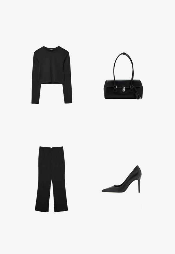 Mustat pitkät hihat lyhyt toppi, jossa on pyöreä kaula-aukko, yksinkertainen muotoilu ja hieman kaareva helma.; Mustat housut suoralinjaisella leikkauksella, joissa on etutaskut ja sivurei'ät helman alla. Valmistettu pehmeästä ja sileästä kankaasta. Sopii eri tilaisuuksiin.; Mango Avokkaat - black; Musta nahkalaukku, jossa on sileä pinta, strukturoidun muotoilun, kaksinkertaiset kahvat ja hopeinen solki yksityiskohtana keskellä.