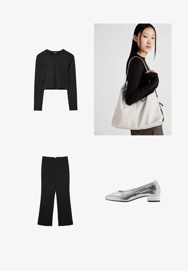 Svart långärmad croppad topp med rund halsringning, enkel design och en något rundad nederkant.; Svarta byxor med rak passform, utrustade med framfickor och sidoklyvningar vid fållen. Tillverkade av mjukt, slätt tyg. Lämpliga för olika tillfällen.; Silver metallic balettklackar med en sprucken struktur, spetsig tå, låg blockklack och slätt inre foder.; Beige handväska tillverkad av mjukt material, med en avslappnad design, sydda detaljer och två axelremmar. Lämplig för dagligt bruk.