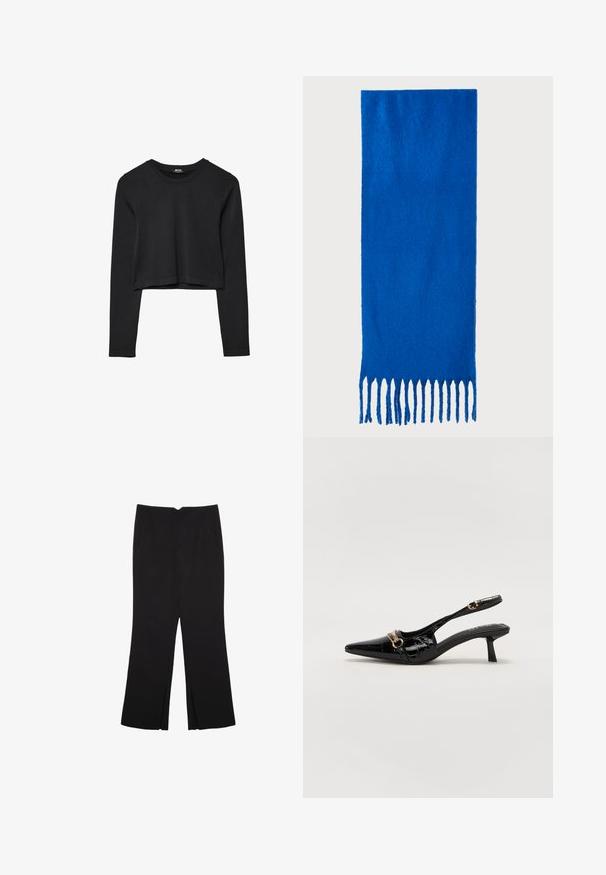 Čierny dlhý rukáv skrátený top s okrúhlym výstrihom, jednofarebný dizajn a mierne zakrivený lem.; Čierne nohavice so strihom rovného strihu, s prednými vreckami a bočnými rozparkami na leme. Vyrobené z mäkkej, hladkej tkaniny. Vhodné na rôzne príležitosti.; Čierne lakované kožené slingback lodičky s špicatou špičkou, malým opätkom a detailom zlatého kovania na páske v oblasti prstov. Hladká textúra.; Modrý šál s franjami vyrobený z mäkkej tkaniny; má jednofarebný dizajn s textúrovaným povrchom a rovnomerne strihanými franjami na spodnej strane.; Čierna kožená kabelka so štruktúrovaným prevedením, horným madlom a detailom zlatého kovového uzáveru na prednej strane. Hladká textura, minimálne šitie.