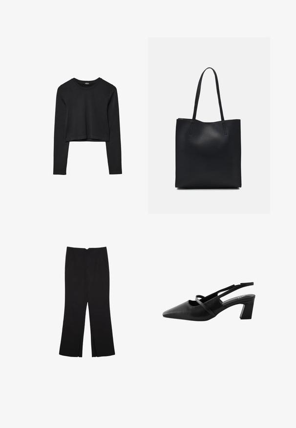 Mustat pitkät hihat lyhyt toppi, jossa on pyöreä kaula-aukko, yksinkertainen muotoilu ja hieman kaareva helma.; Mustat housut suoralinjaisella leikkauksella, joissa on etutaskut ja sivurei'ät helman alla. Valmistettu pehmeästä ja sileästä kankaasta. Sopii eri tilaisuuksiin.; Musta nahkainen slingback-kenkä terävällä varvalla, jossa on ristiin menevät hihnat ja keskikorkea tukipohja. Sujuva pinta ja minimalistinen muotoilu.; Mustapahkainen kangaskassi, jossa on sileä pinta, suorakaiteen muotoinen ja kaksi pitkää kahvaa. Ei näkyvää metalliosaa tai koristeita.