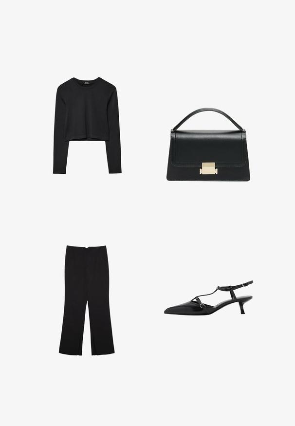 Mustat pitkät hihat lyhyt toppi, jossa on pyöreä kaula-aukko, yksinkertainen muotoilu ja hieman kaareva helma.; Mustat housut suoralinjaisella leikkauksella, joissa on etutaskut ja sivurei'ät helman alla. Valmistettu pehmeästä ja sileästä kankaasta. Sopii eri tilaisuuksiin.; Musta lakatut nahka slingback-kengät, joissa on terävä kärki, koristeellinen nilkkahihna ja pieni kitten-korko. Sujuva pinta hienovaraisilla käyttökoristeilla.; Musta nahkakäsilaukku, jossa on jämäkkä muotoilu, yläkahva ja kultainen metallisolki edessä. Sujuva pinta, minimaalinen ompelu.