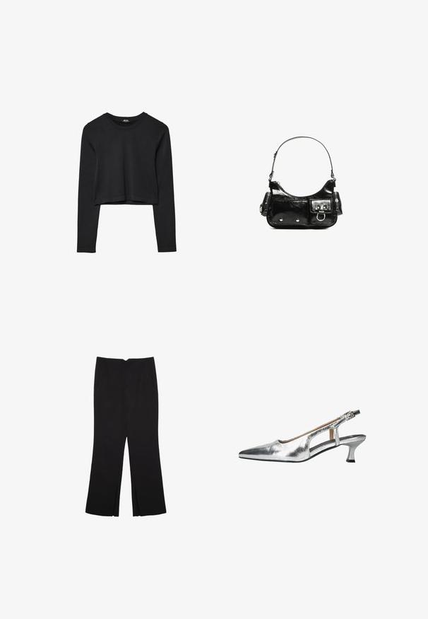 Black long-sleeve cropped top with round neckline, plain design, and a slightly curved hem.; Black trousers with a straight fit, featuring front pockets and side slits at the hem. Made of soft, smooth fabric. Suitable for various occasions.; Silver metallic slingback shoe with a pointed toe, low kitten heel, cutout sides, and a buckle strap. Smooth texture with a glossy finish.; Black patent leather handbag with a curved shape, one shoulder strap, front pockets, and silver-tone hardware accents.