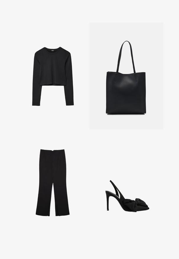 Sort langærmet cropped top med rund halsudskæring, ensfarvet design og let buet kant.; Sorte bukser med lige pasform, der har frontlommer og slidser i kanten. Lavet af blødt, glat stof. Velegnet til forskellige anledninger.; Sorte slingback højhælede sko lavet af glat stof med spids tå og stofsløjfe detalje foran. Slank stilet-to.; Sort læder tote taske med glat tekstur, rektangulær form og to lange hanke. Ingen synlig hardware eller udsmykninger.