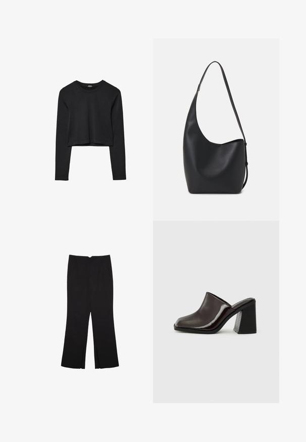 Crni dugi rukav uski crop top s okruglim izrezom, jednostavnog dizajna i blago zakrivljenim rubom.; Crne hlače ravnog kroja, s prednjim džepovima i bočnim prorezima na rubu. Izrađene od mekog i glatkog materijala. Pogodne za razne prigode.; Tamno burgundski kožni mule sa četvrtastim vrhom, sjajnom završnom obradom i čvrstim, teksturiranim crnim visokim potplatom. Jednostavan dizajn, za lako obuvanje.; Crna kožna hobo torba s glatkom teksturom, zakrivljenim oblikom i jednom podesivom trakicom; ima širok otvor na vrhu.