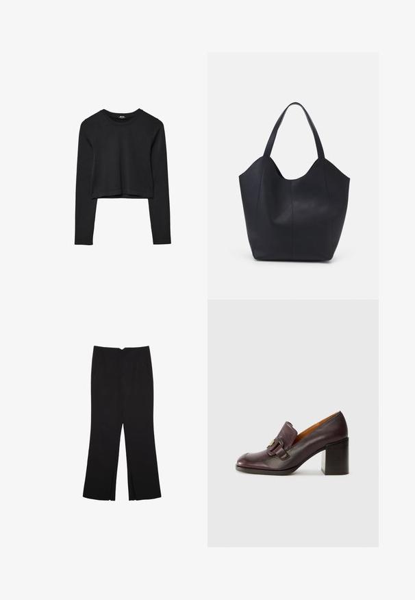 Black long-sleeve cropped top with round neckline, plain design, and a slightly curved hem.; Black trousers with a straight fit, featuring front pockets and side slits at the hem. Made of soft, smooth fabric. Suitable for various occasions.; Chie Mihara NOWA - Classic heels - kimera grape; Black tote bag made of smooth leather, featuring a curved, open top with two shoulder straps and a minimalist design.