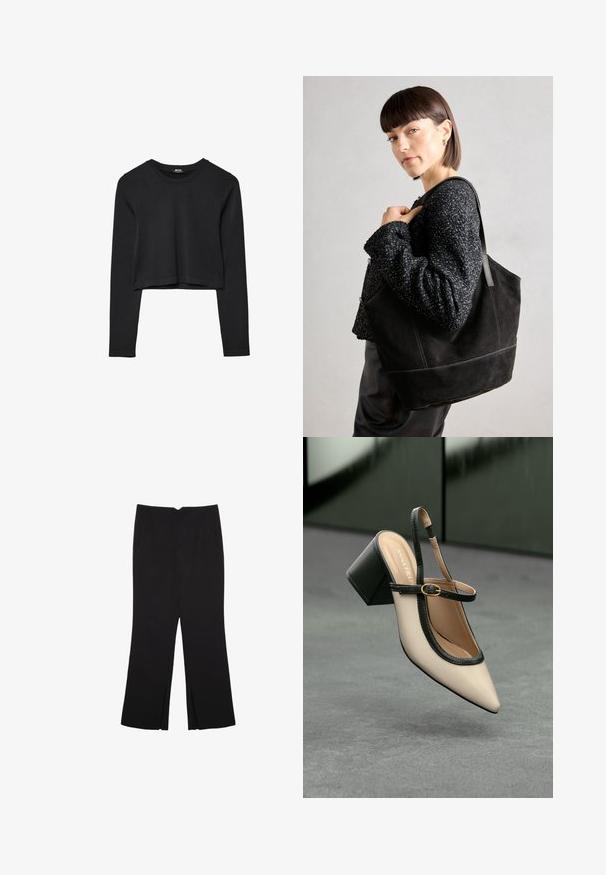 Czarny krótki top z długim rękawem, okrągłym dekoltem, gładkim wzorem i lekko zaokrąglonym dołem.; Czarne spodnie o prostym kroju, z przednimi kieszeniami i bocznymi rozcięciami na dole. Wykonane z miękkiego, gładkiego materiału. Odpowiednie na różne okazje.; Beżowe buty typu slingback z ostrym noskiem, czarnym wykończeniem, złotą klamrą i grubym obcasem na szarym podłożu z ciemnozielonym tłem.; Czarna torba tote zamszowa o gładkiej fakturze, strukturalnym kształcie i kontrastowym przeszyciu. Posiada długie rączki do noszenia na ramieniu.