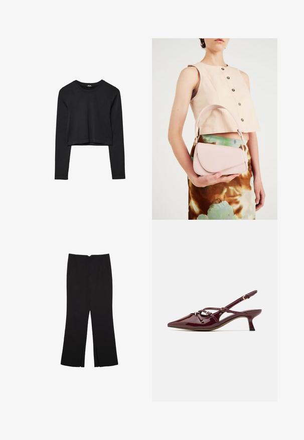 Black long-sleeve cropped top with round neckline, plain design, and a slightly curved hem.; Black trousers with a straight fit, featuring front pockets and side slits at the hem. Made of soft, smooth fabric. Suitable for various occasions.; Burgundy patent leather slingback shoe with pointed toe, small heel, decorative strap details, and a glossy finish.; Pink leather handbag with a curved flap, single shoulder strap, and clean lines. The bag exhibits a smooth texture and minimalistic design.
