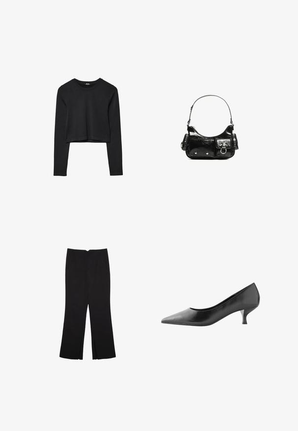 Svart långärmad croppad topp med rund halsringning, enkel design och en något rundad nederkant.; Svarta byxor med rak passform, utrustade med framfickor och sidoklyvningar vid fållen. Tillverkade av mjukt, slätt tyg. Lämpliga för olika tillfällen.; Next FOREVER COMFORT COURT - Pumps - mottled black; Svart lackläderhandväska med en rundad form, en axelrem, framfickor och detaljer i silverfärg.