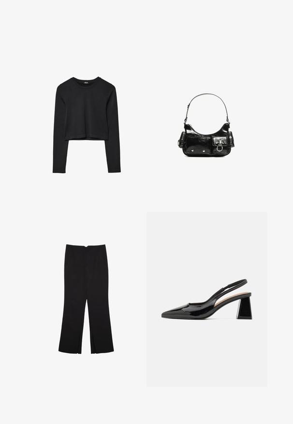 Crni dugi rukav uski crop top s okruglim izrezom, jednostavnog dizajna i blago zakrivljenim rubom.; Crne hlače ravnog kroja, s prednjim džepovima i bočnim prorezima na rubu. Izrađene od mekog i glatkog materijala. Pogodne za razne prigode.; Crne lakirane slingback đonice s izduženim vrhom, koje imaju jedinstveni geometrijski blok potpeticu i glatku teksturu. Podesiva traka za podršku.; Crna patentna kožna torba s zakrivljenim oblikom, jednim remenom za rame, prednjim džepovima i akcentima od srebrnog tona.