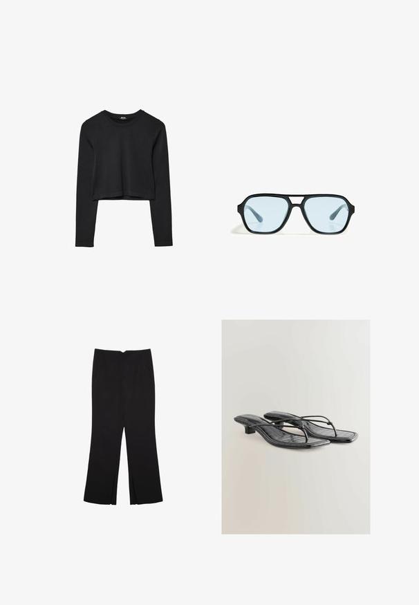 Crni dugi rukav uski crop top s okruglim izrezom, jednostavnog dizajna i blago zakrivljenim rubom.; Crne hlače ravnog kroja, s prednjim džepovima i bočnim prorezima na rubu. Izrađene od mekog i glatkog materijala. Pogodne za razne prigode.; Crne sandale s potpeticom od umjetne kože s uzorkom krokodila, kvadratnim nožnim prstom i niskom petom. Imaju tanke trake koje povezuju đon.; Crne sunčane naočale s pravokutnim okvirima, plavim staklima i posebnim dizajnom nosača. Elegantna površina, suptilna tekstura.; Crna kožna torba s mekanim, opuštenim dizajnom, širokim drškama i glatkom teksturom. Nema vidljive opreme ili ukrasa.