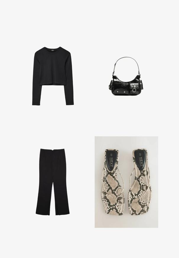 Čierny dlhý rukáv skrátený top s okrúhlym výstrihom, jednofarebný dizajn a mierne zakrivený lem.; Čierne nohavice so strihom rovného strihu, s prednými vreckami a bočnými rozparkami na leme. Vyrobené z mäkkej, hladkej tkaniny. Vhodné na rôzne príležitosti.; Ploché sandále s hadím vzorom v odtieňoch béžovej a sivej farby, s dizajnom medzi prstami a hladkým čiernym vložkom označeným "NEXT."; Čierna laková kožená kabelka s ohnutým tvarom, jedným ramenným popruhom, prednými vreckami a striebornými kovovými doplnkami.