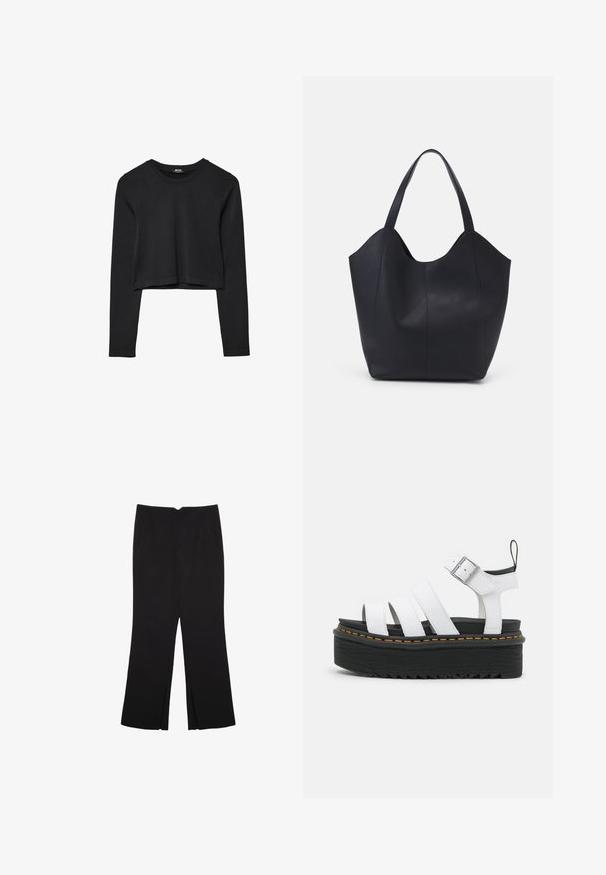 Czarny krótki top z długim rękawem, okrągłym dekoltem, gładkim wzorem i lekko zaokrąglonym dołem.; Czarne spodnie o prostym kroju, z przednimi kieszeniami i bocznymi rozcięciami na dole. Wykonane z miękkiego, gładkiego materiału. Odpowiednie na różne okazje.; Białe sandały na platformie z trzema poziomymi paskami; czarna gumowa podeszwa ma zygzakowaty wzór i pomarańczowe przeszycie wzdłuż krawędzi.; Czarna torba na ramię wykonana z gładkiej skóry, z zaokrąglonym, otwartym topem i dwoma paskami na ramię oraz minimalistycznym designem.