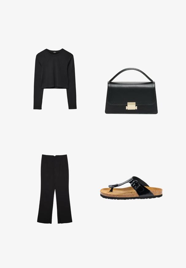 Sort langærmet cropped top med rund halsudskæring, ensfarvet design og let buet kant.; Sorte bukser med lige pasform, der har frontlommer og slidser i kanten. Lavet af blødt, glat stof. Velegnet til forskellige anledninger.; Sort patenteret læder flip-flop sandal med en korkfodseng, gummisål og en spændeaccent på remmen. Glat overflade, minimalistisk design.; Sort læderhandtaske med et struktureret design, topbærerhåndtag og en detalje i guldfarvet metalklap på fronten. Glat tekstur, minimal syning.