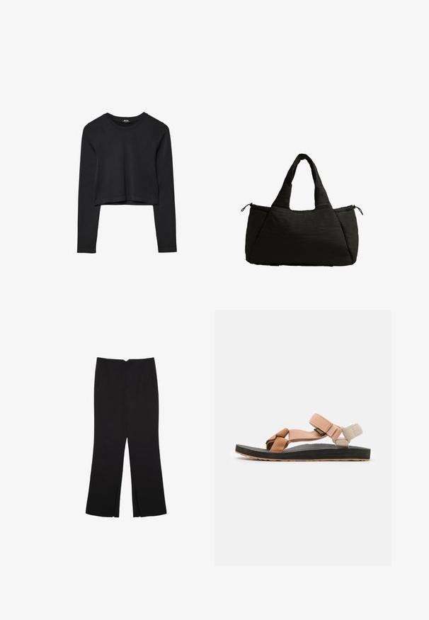 Crni dugi rukav uski crop top s okruglim izrezom, jednostavnog dizajna i blago zakrivljenim rubom.; Crne hlače ravnog kroja, s prednjim džepovima i bočnim prorezima na rubu. Izrađene od mekog i glatkog materijala. Pogodne za razne prigode.; Obuća: ravne sandale s podesivim remenjem u breskvastej, smeškastoj i krem boji. Gumeni đon s teksturiranom površinom, smeškastim detaljima i crnom podlogom.; Crna torba od tkanine s pufastom teksturom, s dva kratka ručka i bočnom džepom koji se zatvara uzici. Jednostavan, angulardan dizajn.