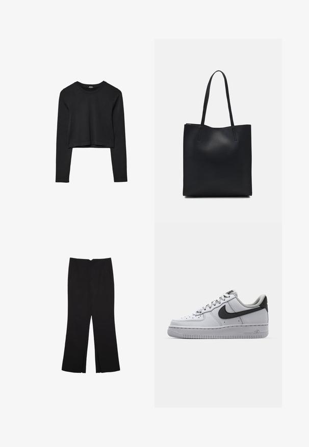Černý dlouhý rukáv cropped top s kulatým výstřihem, jednoduchý design a mírně zaoblený lem.; Černé kalhoty s rovným střihem, s předními kapsami a bočními rozparky na lemu. Vyrobené z jemné, hladké tkaniny. Vhodné na různé příležitosti.; Bílé kožené tenisky se šedými akcenty, kulatá špička, texturovaný povrch, polstrovaný límec a kontrastní černý logotyp swoosh. Podešev s vzduchovým polstrováním.; Černá kožená taška přes rameno s hladkým povrchem, obdélníkovým tvarem a dvěma dlouhými uchy. Žádné viditelné kování ani ozdoby.