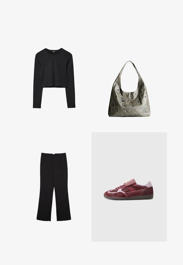 Czarny krótki top z długim rękawem, okrągłym dekoltem, gładkim wzorem i lekko zaokrąglonym dołem.; Czarne spodnie o prostym kroju, z przednimi kieszeniami i bocznymi rozcięciami na dole. Wykonane z miękkiego, gładkiego materiału. Odpowiednie na różne okazje.; Czerwone zamszowe trampki z gładkim noskiem, teksturowanymi bocznymi panelami, tonowanymi sznurówkami i paskiem na rzep. Posiadają trwałą czarną gumową podeszwę.; Oliwkowa skórzana torebka o luźnym fasonie, z różnej wielkości okrągłymi wycięciami i akcentami w ciemniejszych i jaśniejszych odcieniach.
