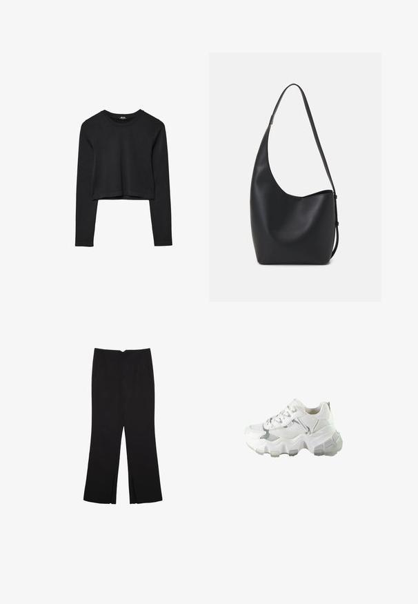 Top cropped nero a maniche lunghe con scollatura tonda, design semplice e orlo leggermente curvo.; Pantaloni neri a gamba dritta, con tasche frontali e spacchi laterali all'orlo. Realizzati in tessuto morbido e liscio. Adatti a diverse occasioni.; Scarpa sportiva bianca con tomaia in rete, suola spessa e imbottita, e dettagli riflettenti. Progettata con punta rotonda e lacci.; Borsa hobo nera in pelle con una superficie liscia, forma curvata e una singola tracolla regolabile; presenta un'ampia apertura nella parte superiore.