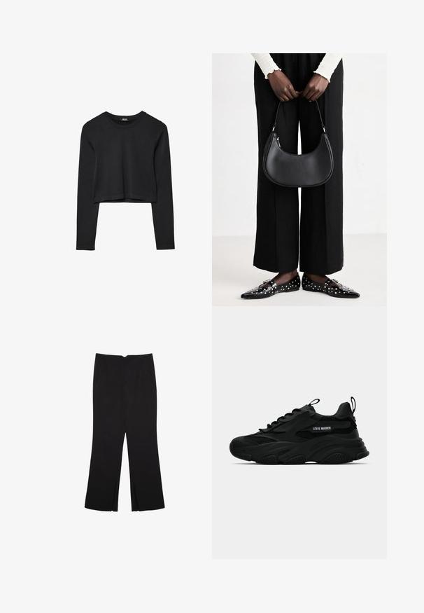 Haut court à manches longues noir avec encolure ronde, design uni et ourlet légèrement arrondi.; Pantalon noir avec une coupe droite, doté de poches avant et d'éclairs sur l'ourlet. Fabriqué en tissu doux et lisse. Convient à diverses occasions.; Sneaker chunky noir Steve Madden avec des panneaux en mesh, semelle épaisse, languette et tirant au talon, lettrage du logo sur le côté, montré de profil.; Sac à main en cuir noir avec une forme arrondie, finition brillante et quincaillerie en argent. Personne portant un pantalon large noir et des mocassins cloutés.