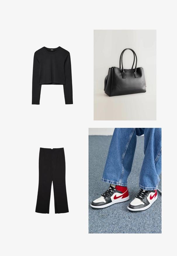 Mustat pitkät hihat lyhyt toppi, jossa on pyöreä kaula-aukko, yksinkertainen muotoilu ja hieman kaareva helma.; Mustat housut suoralinjaisella leikkauksella, joissa on etutaskut ja sivurei'ät helman alla. Valmistettu pehmeästä ja sileästä kankaasta. Sopii eri tilaisuuksiin.; Mustat, valkoiset ja punaiset korkeavartiset tennarit, joissa on sileä nahkapinta, pyöreä kärki ja erottuva Swoosh-logo. Yhdistetty leveisiin farkkuihin.; Musta tekonahkainen olkalaukku, jossa on kaksinkertaiset pitkät kahvat, rakenteellinen muoto, sileä pinta ja minimalistinen muotoilu. Ei näkyvää metalliosaa tai koristeita.