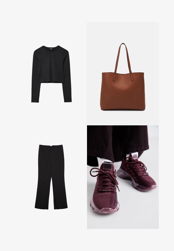 Zwarte lange mouwen cropped top met ronde halslijn, eenvoudige ontwerp en een licht gebogen zoom.; Zwarte broek met een rechte pasvorm, voorzien van zijzakken en plooien aan de onderzijde. Gemaakt van zachte, gladde stof. Geschikt voor verschillende gelegenheden.; Bordeaux sport schoenen met een mesh bovenwerk, textuurdetails, ronde veters en een doorzichtige rubberen zool; heeft een logo op de tong en de hak.; Bruine leren tote bag met een gladde textuur, een ontwerp met een open bovenkant en twee schouderbanden. Kenmerkt zich door minimale stiksels en geen zichtbare hardware.