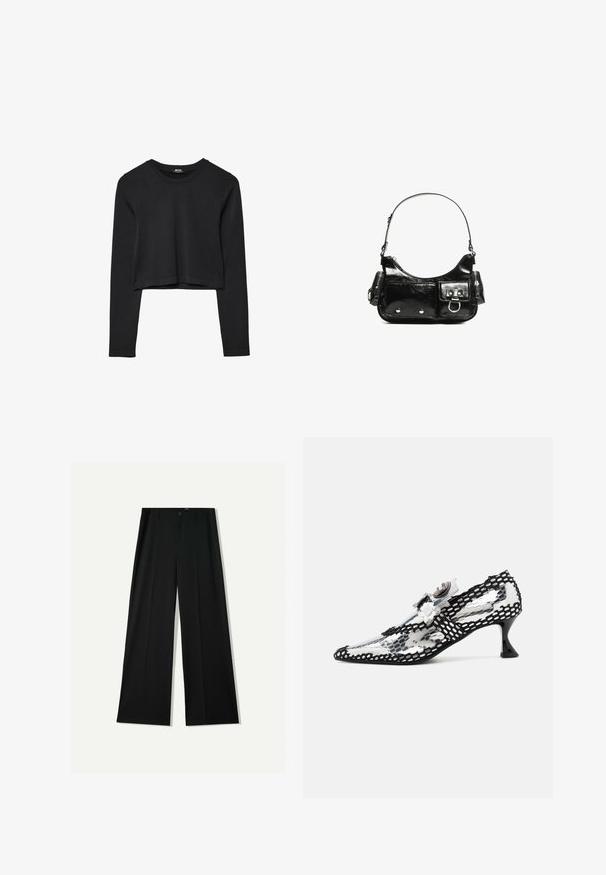 Czarny krótki top z długim rękawem, okrągłym dekoltem, gładkim wzorem i lekko zaokrąglonym dołem.; Bershka WIDE czarny; Przezroczyste buty na obcasie z czarno-białym wzorem na siateczce, spiczastym noskiem i małym, rozszerzającym się czarnym obcasem. Kwiatowe akcenty dodają charakteru wzornictwu.; Czarna torebka z lakierowanej skóry o zaokrąglonym kształcie, z jednym paskiem na ramię, przednimi kieszeniami i akcentami w kolorze srebrnym.