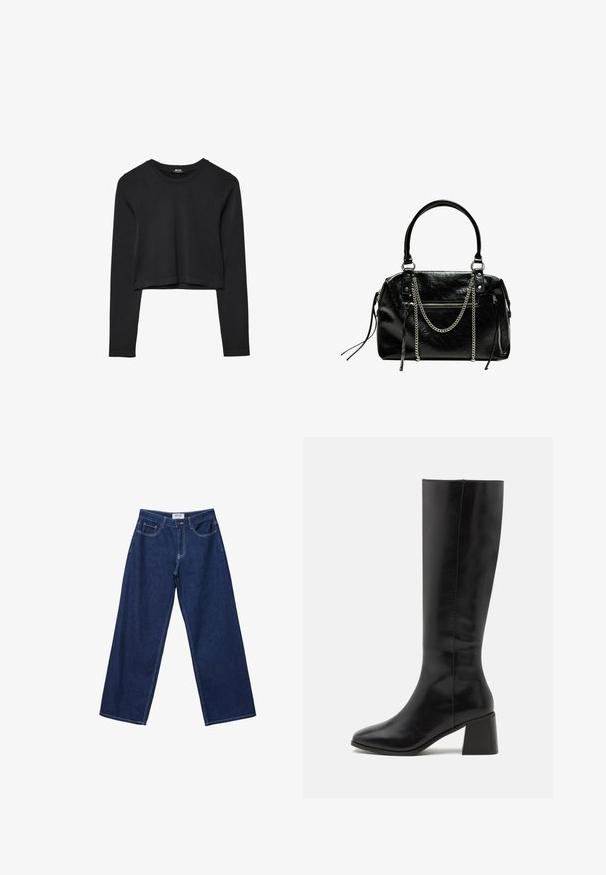 Schwarzes, langärmliges, kurz geschnittenes Oberteil mit Rundhalsausschnitt, schlichter Gestaltung und leicht abgerundetem Saum.; Hellebänder aus dunkelblauem Denim mit Knopfverschluss, fünf Taschen und kontrastierenden weißen Nähten. Der Stoff hat eine glatte, leicht strukturierte Oberfläche.; ONLY SHOES ONLBIJOU KNEE HIGH BOOT - Stiefel - black; Bershka WITH CHAIN - Handtasche - black
