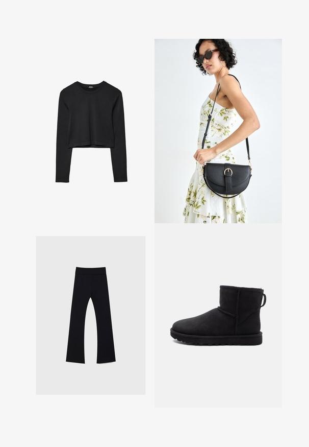 Mustat pitkät hihat lyhyt toppi, jossa on pyöreä kaula-aukko, yksinkertainen muotoilu ja hieman kaareva helma.; Mustat joogahousut korkealla vyötäröllä, joustavasta kankaasta valmistettu, joissa on levenevä lahje ja sileä pinta koko matkalla.; Mustat mokkanahasta valmistetut nilkkurit, joissa on pyöreä kärki, lampaanvilla vuori ja litteä kumipohja. Varressa on sauma ja takana vetoketju.; Musta nahkainen käsilaukku, joka on kaareva muotoilultaan, irrotettavalla hihnalla ja kultaisilla yksityiskohdilla. Laukussa on läppä, jossa on solk yksityiskohta.