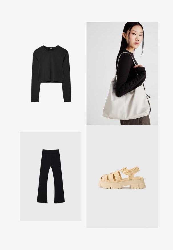 Černý dlouhý rukáv cropped top s kulatým výstřihem, jednoduchý design a mírně zaoblený lem.; Černé jogínské kalhoty s vysokým pasem, vyrobené z elastického materiálu, s rozšířeným nohavicovým designem a hladkým povrchem po celé délce.; Bežové platformové sandály s tkanými pásky a sponou. Masivní podešev s texturovaným povrchem. Otvorená špička. Lehký a neformální styl.; Beige kabelka vyrobená z měkkého materiálu, s volným designem, prošívanými detaily a dvěma ramenními popruhy. Vhodná pro každodenní použití.