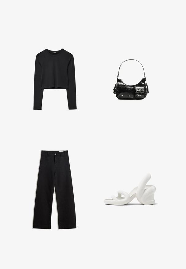 Svart långärmad croppad topp med rund halsringning, enkel design och en något rundad nederkant.; Svarta vida denimbyxor med hög midja, med fram- och bakfickor, sydda sömmar och knappstängning. Slät textur.; Vita skulpturala högklackade sandaler med en vågig design, slät textur och en tjock klack formad som en hand.; Svart lackläderhandväska med en rundad form, en axelrem, framfickor och detaljer i silverfärg.