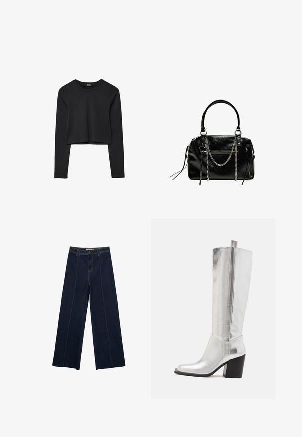 Top cropped nero a maniche lunghe con scollatura tonda, design semplice e orlo leggermente curvo.; Pantaloni in denim scuro a gamba larga con cuciture a contrasto, vita alta e taglio dritto. Presentano tasche anteriori e una chiusura classica con bottone.; Stivali in pelle argentata al ginocchio con punta quadrata, accentuati da una finitura metallica lucida e un robusto tacco a blocco nero.; Bershka WITH CHAIN - Borsa a mano - black