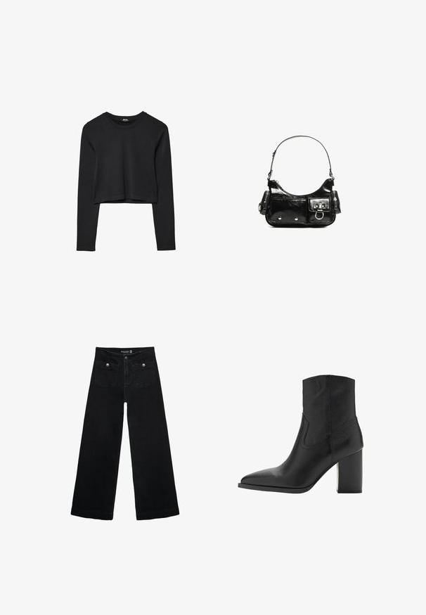 Czarny krótki top z długim rękawem, okrągłym dekoltem, gładkim wzorem i lekko zaokrąglonym dołem.; Czarne, szerokie dżinsy z wysokim stanem, z dwoma przednimi kieszeniami i metalowymi guzikami. Tkanina ma gładką fakturę.; Czarny skórzany botek za kostkę z wydłużonym noskiem i wyraźnym słupkowym obcasem, charakteryzujący się gładką fakturą i minimalnymi detalami w szwach.; Czarna torebka z lakierowanej skóry o zaokrąglonym kształcie, z jednym paskiem na ramię, przednimi kieszeniami i akcentami w kolorze srebrnym.