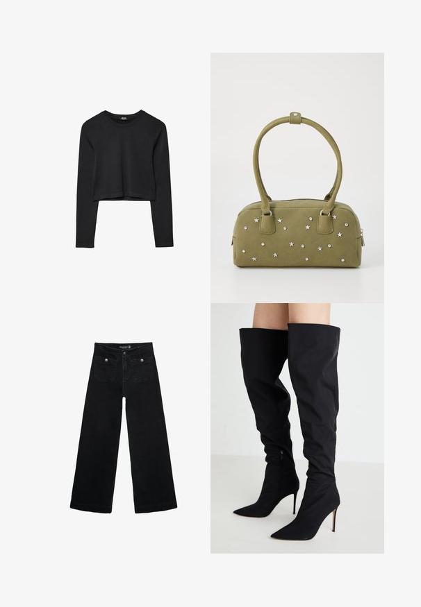 Crni dugi rukav uski crop top s okruglim izrezom, jednostavnog dizajna i blago zakrivljenim rubom.; Crne široke traperice s visokim strukom, koje imaju dva prednja džepa i metalne gumbe kao ukrase. Tkanina ima glatku teksturu.; Crne čizme do koljena napravljene od glatkog materijala, dizajn s oštrim vrhom, visoka špicasta potpetica, s bočnim zatvaračem.; Maslinasto zelena torba od faux nubuka s srebrnim zvjezdicama i zakovicama. Ima dva kratka ručka i zatvaranje na cipzaru na vrhu.