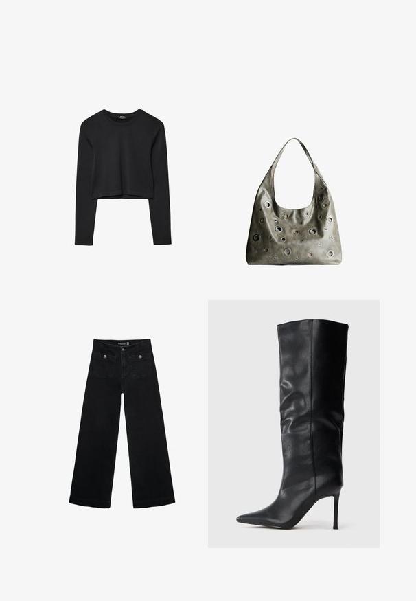 Čierny dlhý rukáv skrátený top s okrúhlym výstrihom, jednofarebný dizajn a mierne zakrivený lem.; Čierne široké nohavice s vysokým pásom, s dvoma prednými vreckami a kovovými detailmi na gombíku. Tkanina má hladkú textúru.; Čierne kožené čižmy po kolená s špicatou špičkou a tenkým vysokým podpätkom na jednoduchom bielom pozadí.; Olive zelená kožená kabelka so spadnutým dizajnom, obsahujúca rôzne veľkosti kruhových výrezov a akcenty v tmavších a svetlejších odtieňoch.