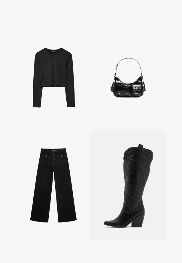 Mustat pitkät hihat lyhyt toppi, jossa on pyöreä kaula-aukko, yksinkertainen muotoilu ja hieman kaareva helma.; Mustat leveälahkeiset farkut korkean vyötärön kanssa, joissa on kaksi etutaskua ja metalliset nappikoristeet. Kangas on sileä.; Mustat nahka cowboy-kengät, joissa on korkea varsi käärmeennahkamaisilla ompelukuvioilla, terävä kärki ja jykevä korko.; Mustekko mustasta kiiltonahasta valmistettu käsilaukku, jossa on kaareva muoto, yksi olkahihna, etutaskut ja hopeanväriset yksityiskohdat.