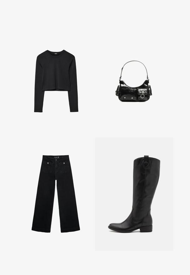 Schwarzes, langärmliges, kurz geschnittenes Oberteil mit Rundhalsausschnitt, schlichter Gestaltung und leicht abgerundetem Saum.; Schwarze, weit geschnittene Jeans mit hoher Taille, die zwei Fronttaschen und metallene Knopfakzente aufweist. Der Stoff hat eine glatte Textur.; Schwarze Lederstiefel bis zum Knie mit runder Zehenform, niedrigem Blockabsatz und dekorativen Nahtdetails. Mit einer Zuglasche an der Rückseite für ein einfaches Anziehen.; Schwarze Lackleder-Handtasche mit geschwungenem Design, einem Schulterriemen, Vordertaschen und silberfarbenen Hardware-Akzenten.
