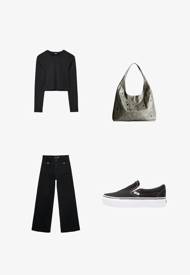 Czarny krótki top z długim rękawem, okrągłym dekoltem, gładkim wzorem i lekko zaokrąglonym dołem.; Czarne, szerokie dżinsy z wysokim stanem, z dwoma przednimi kieszeniami i metalowymi guzikami. Tkanina ma gładką fakturę.; Czarne płócienne buty na słupku z białą gumową podeszwą, kontrastującymi białymi szwami i łatką z logo z boku. Gładka tekstura i prosty design.; Oliwkowa skórzana torebka o luźnym fasonie, z różnej wielkości okrągłymi wycięciami i akcentami w ciemniejszych i jaśniejszych odcieniach.