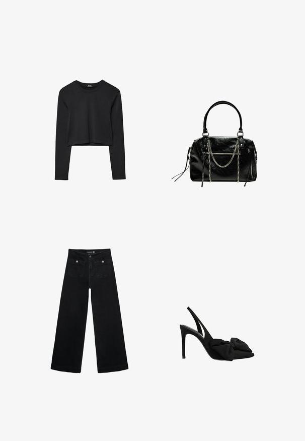 Sort langærmet cropped top med rund halsudskæring, ensfarvet design og let buet kant.; Sorte vidde jeans med høj talje, der har to forlommer og metalknapdetaljer. Stoffet har en glat tekstur.; Sorte slingback højhælede sko lavet af glat stof med spids tå og stofsløjfe detalje foran. Slank stilet-to.; Bershka WITH CHAIN - Håndtasker - black