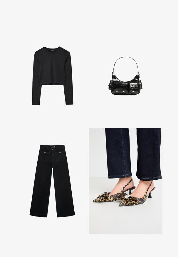 Černý dlouhý rukáv cropped top s kulatým výstřihem, jednoduchý design a mírně zaoblený lem.; Černé široké džíny s vysokým pasem, obsahující dvě přední kapsy a kovové knoflíkové detaily. Látka má hladkou texturu.; Sandalové lodičky s leopardím potiskem a špičatou špičkou, textilní svršek, dekorativní mašlí a klenotem na špičce. Černý jehlový podpatek.; Černá lakovaná kožená kabelka s křivkovým tvarem, jedním ramenním popruhem, předními kapsami a stříbrnými kovovými detaily.