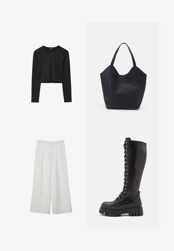 Schwarzes, langärmliges, kurz geschnittenes Oberteil mit Rundhalsausschnitt, schlichter Gestaltung und leicht abgerundetem Saum.; Weiße, weit geschnittene Hosen aus leichtem Stoff, mit einem elastischen Bund und einem Zugband für eine verstellbare Passform. Glatte Textur.; Steve Madden CARINA - Plateaustiefel - black; Schwarze Tote-Bag aus glattem Leder, mit einem abgerundeten, offenen Oberteil, zwei Schulterträgern und einem minimalistischen Design.
